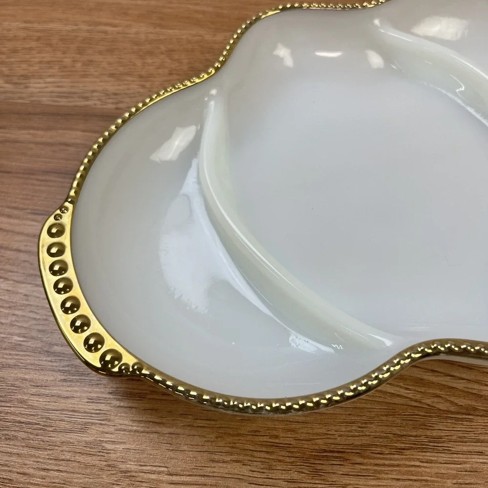 Anchor Hocking Fire King Milk Glass Retro Divided Candy Relish Dish‎ Gold Rim